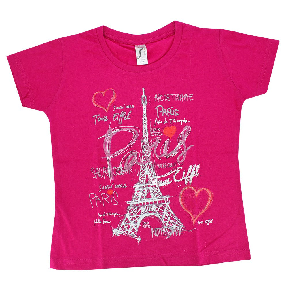 T-shirt femme Tour Eiffel coeur Paris Fuchia.