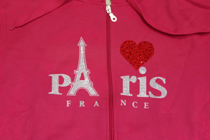 Sweat Shirt Paris fuchia avec cœur en strass.