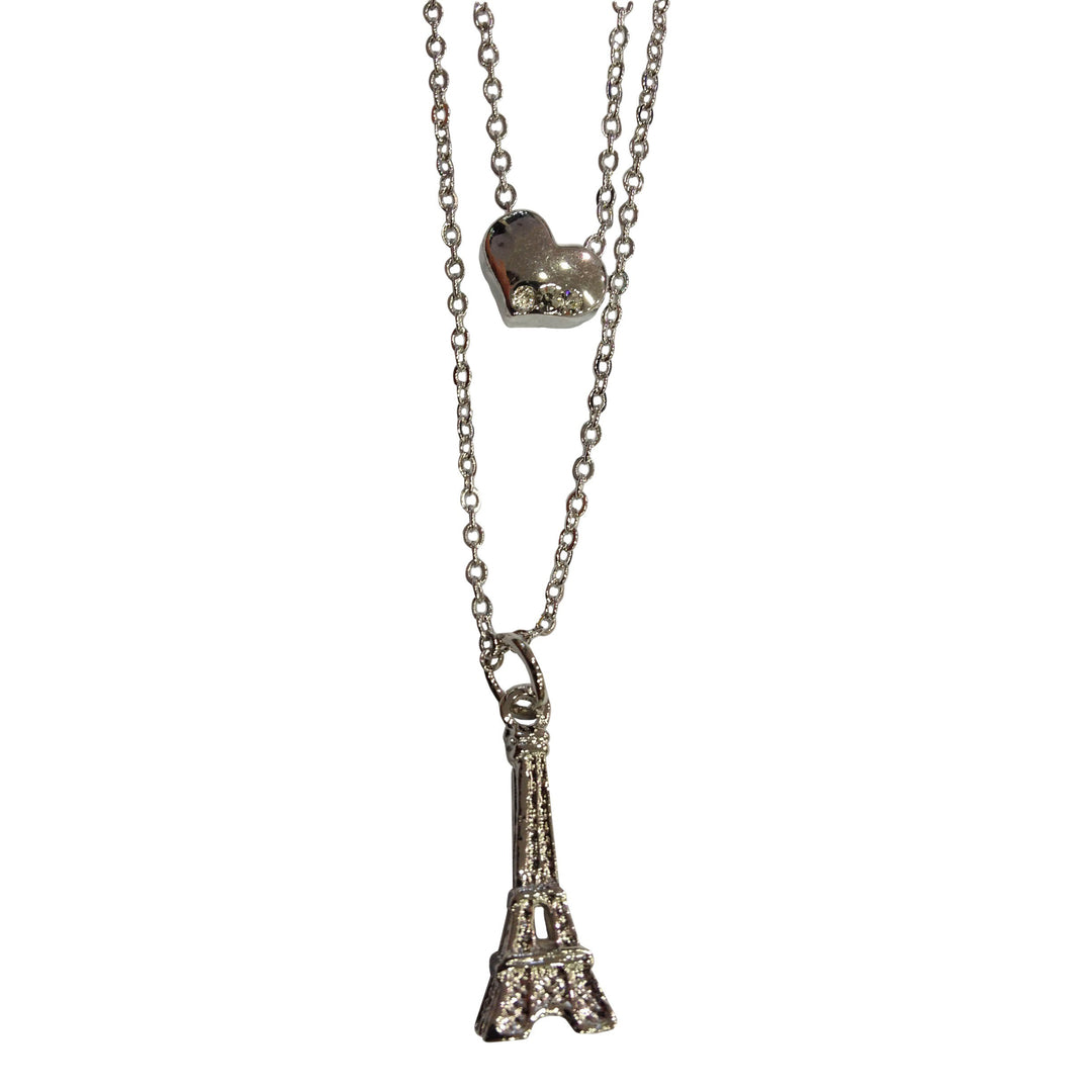 Collier Tour Eiffel double chaine coeur