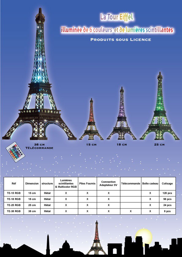 Tour Eiffel scintillante + LED 6 couleurs