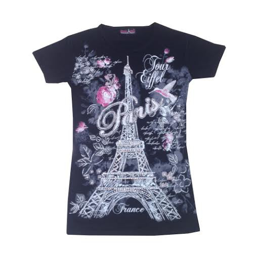 Tee-shirt noir avec la Tour Eiffel en strass avec des violettes