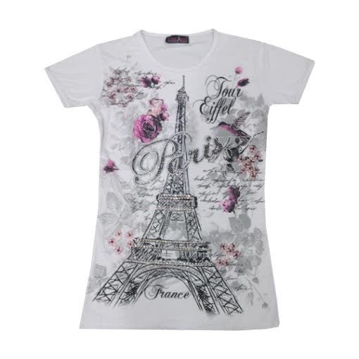 Tee-shirt avec design Tour Eiffel avec des pétales de violettes éparpillées