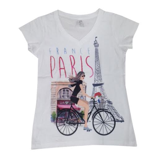 Tee-shirt col V avec design Mademoiselle à Vélo