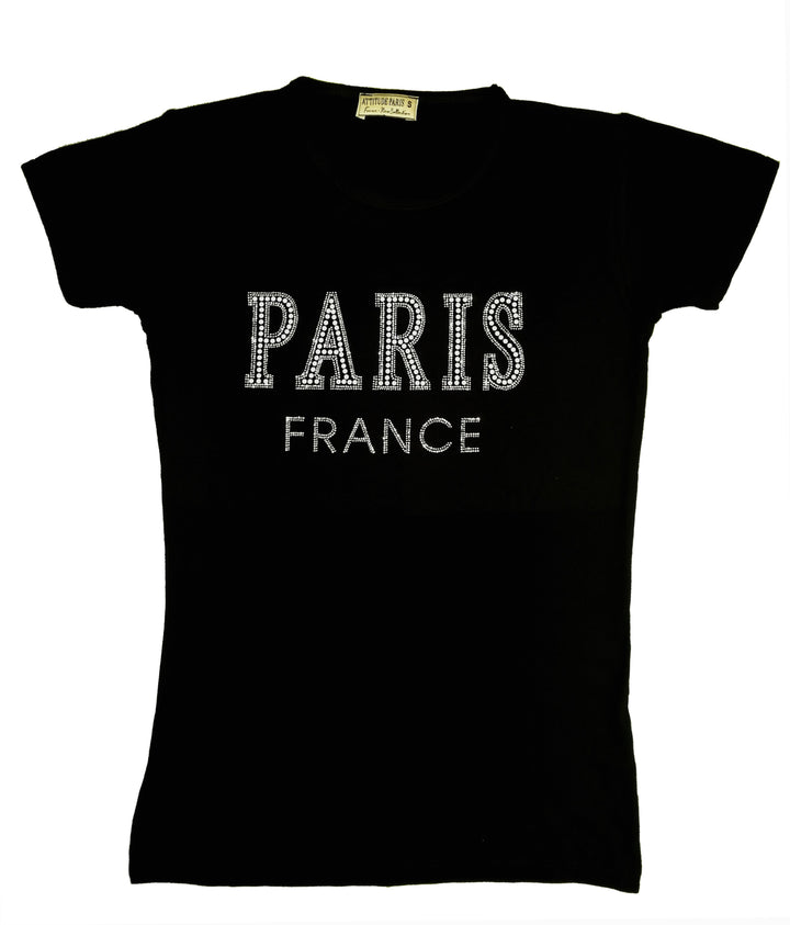 Tee-shirt femme avec strass et perles, design Paris
