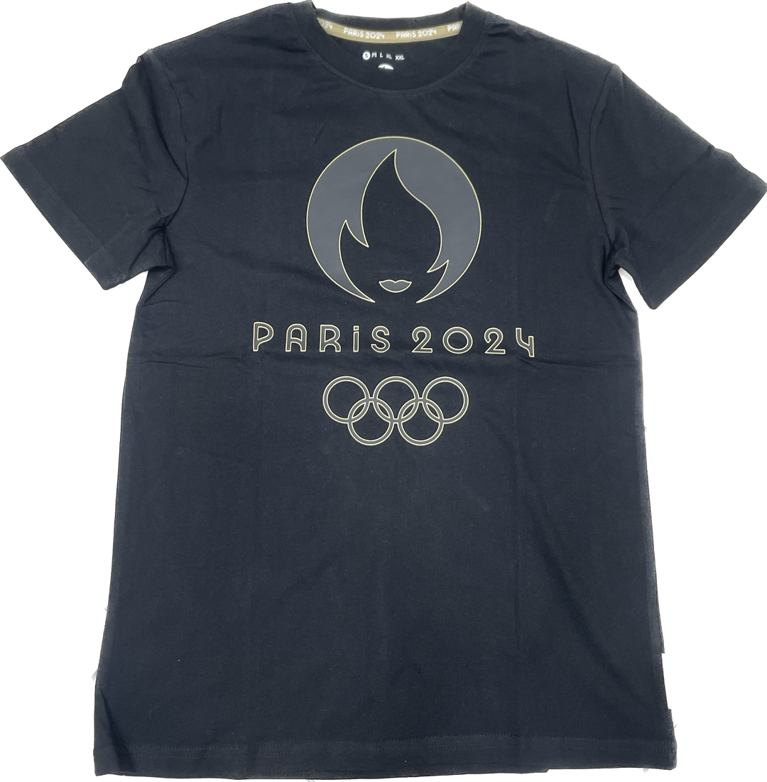 Tee-shirt officiel noir des Jeux Olympiques Paris 2024, avec le logo emblématique.