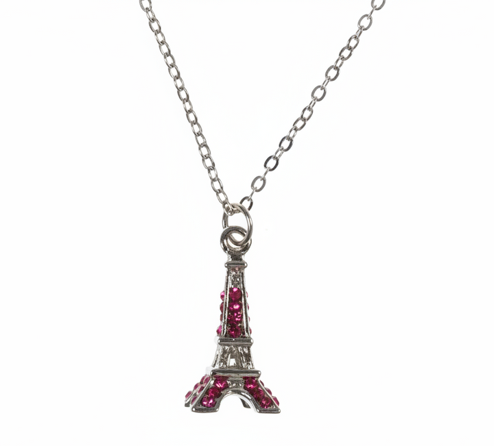 Necklace silver Eiffel Tower and pink rhinestones