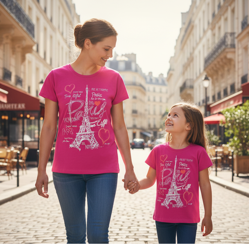 T-shirt Torre Eiffel Coração Paris fúcsia