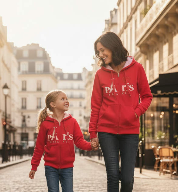 Sweatshirt Paris Fuchsia with heart in rhinestones