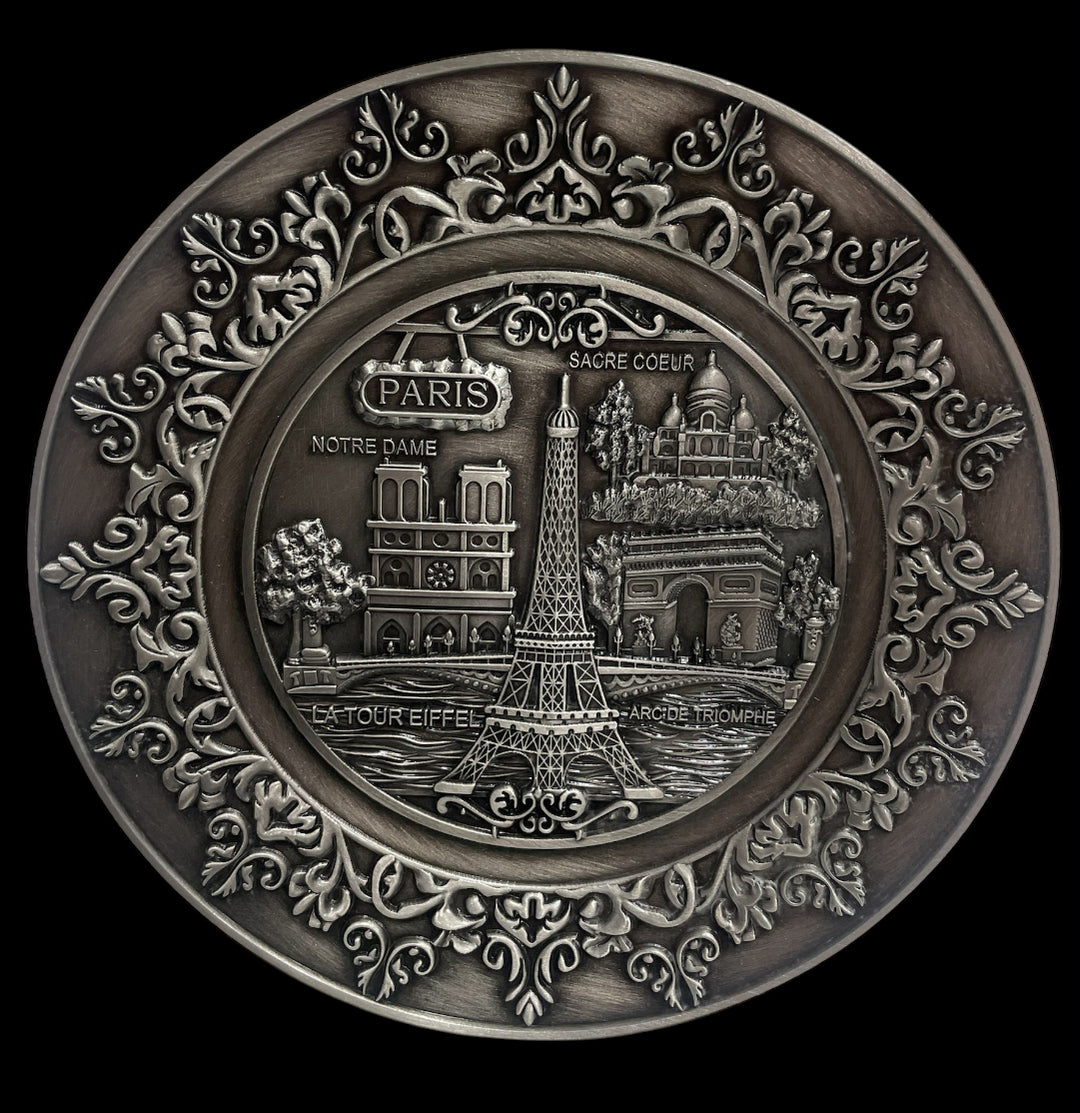 Prato Souvenir de Paris – Metal Prateado Envelhecido com Relevo 2D