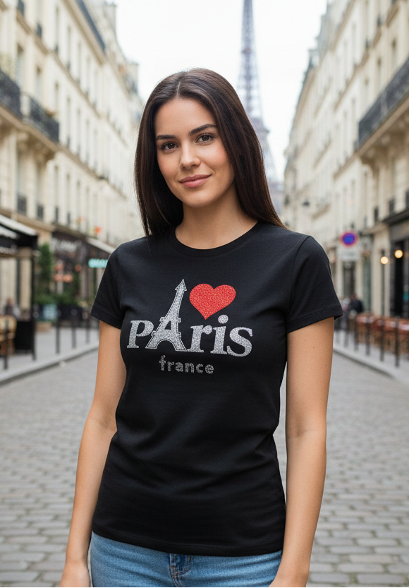 T-shirt Femme Paris cœur strass noir