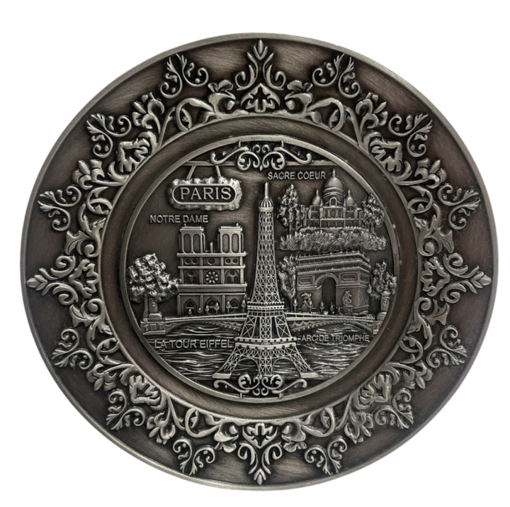 Prato Souvenir de Paris – Metal Prateado Envelhecido com Relevo 2D