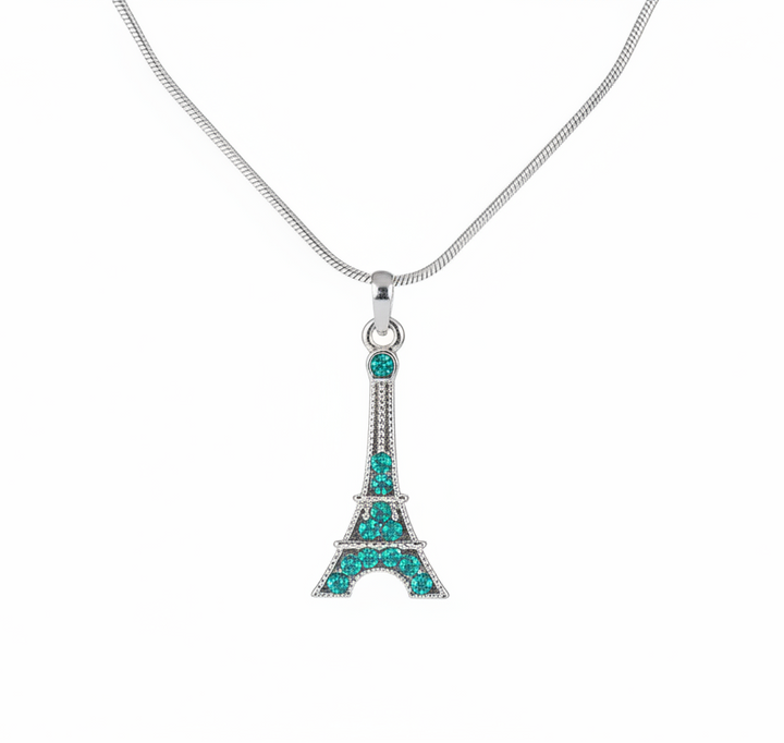 Necklace with green rhinestone Eiffel Tower