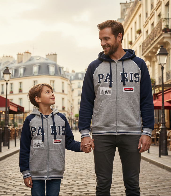 Agasalho de moleton cinza com capuz infantil e adulto