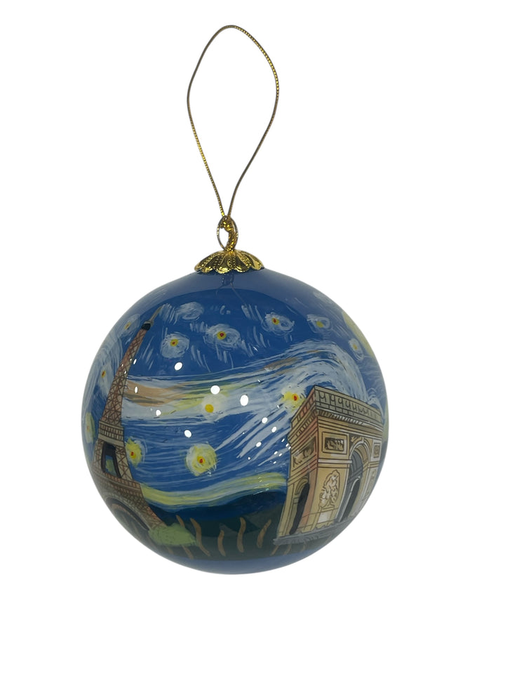 Adorno navideño al estilo de Van Gogh con la Torre Eiffel y monumentos