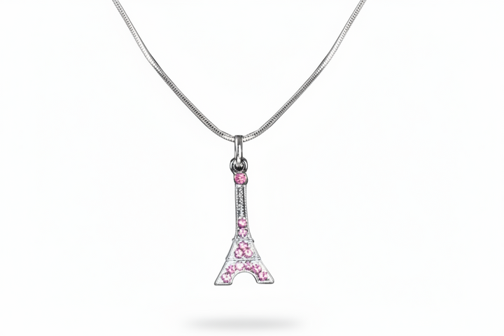 Necklace with pink rhinestone Eiffel Tower