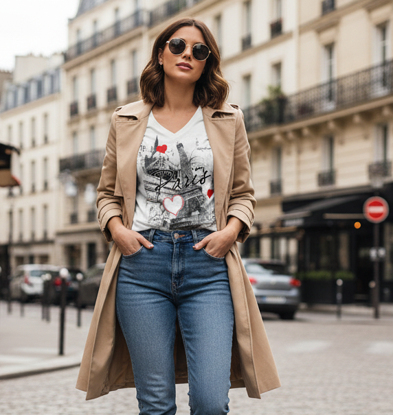 T-shirt Torre Eiffel Paris Coração com decote