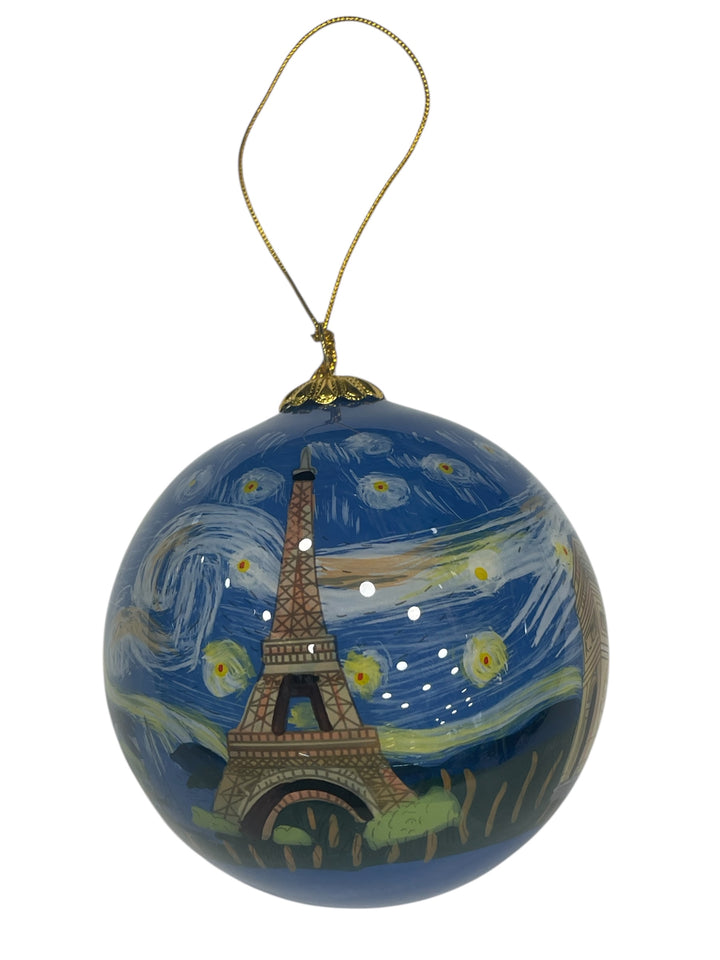 Adorno navideño al estilo de Van Gogh con la Torre Eiffel y monumentos