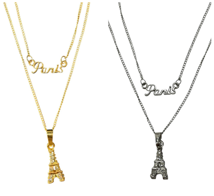 Collier Tour Eiffel strass double chaîne Paris