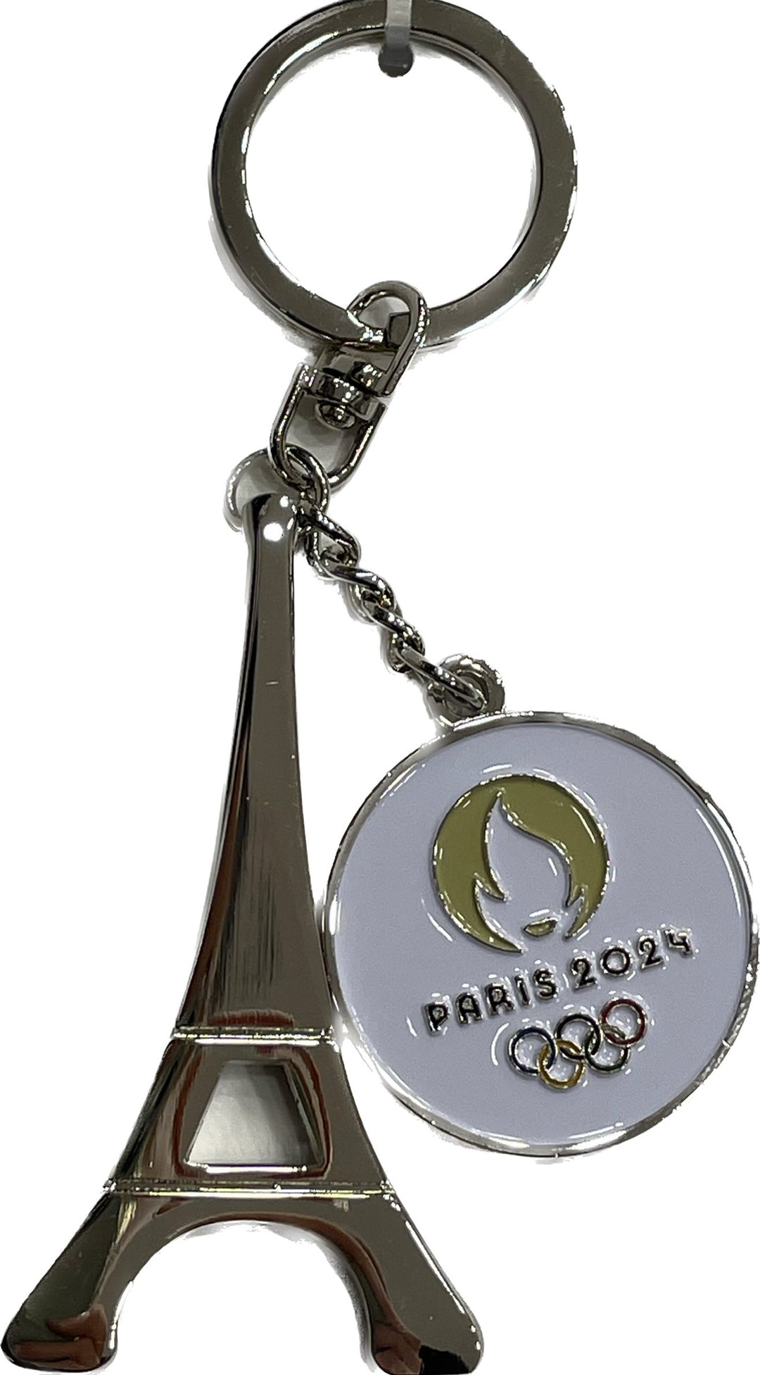 Porte-clés représentant la Tour Eiffel avec la flamme olympique pour Paris 2024, en métal argenté.
