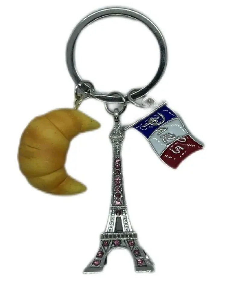 Porta-chaves Torre Eiffel + Crescente 3D e mini bandeira da França