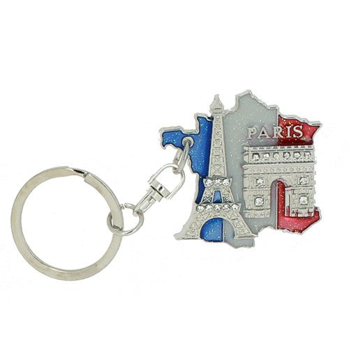 Porte-clé en forme de carte de France avec tour Eiffel et Arc de triomphe en strass, couleurs bleu, blanc, rouge.