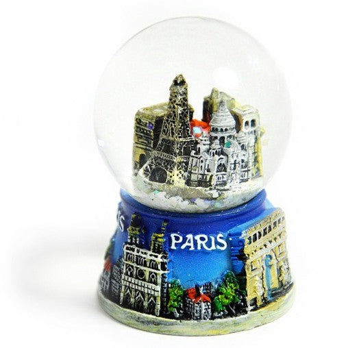 Boule de neige bleue avec des monuments de Paris, dimension 7 x 4.5 cm. Souvenir Paris