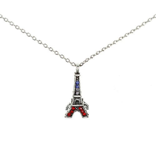 Collier Tour Eiffel argenté tricolor 4 cotés strass