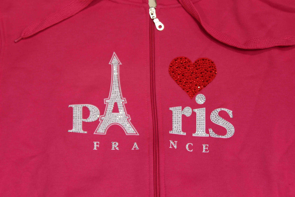 Sweat Shirt Paris fuchia avec cœur en strass.