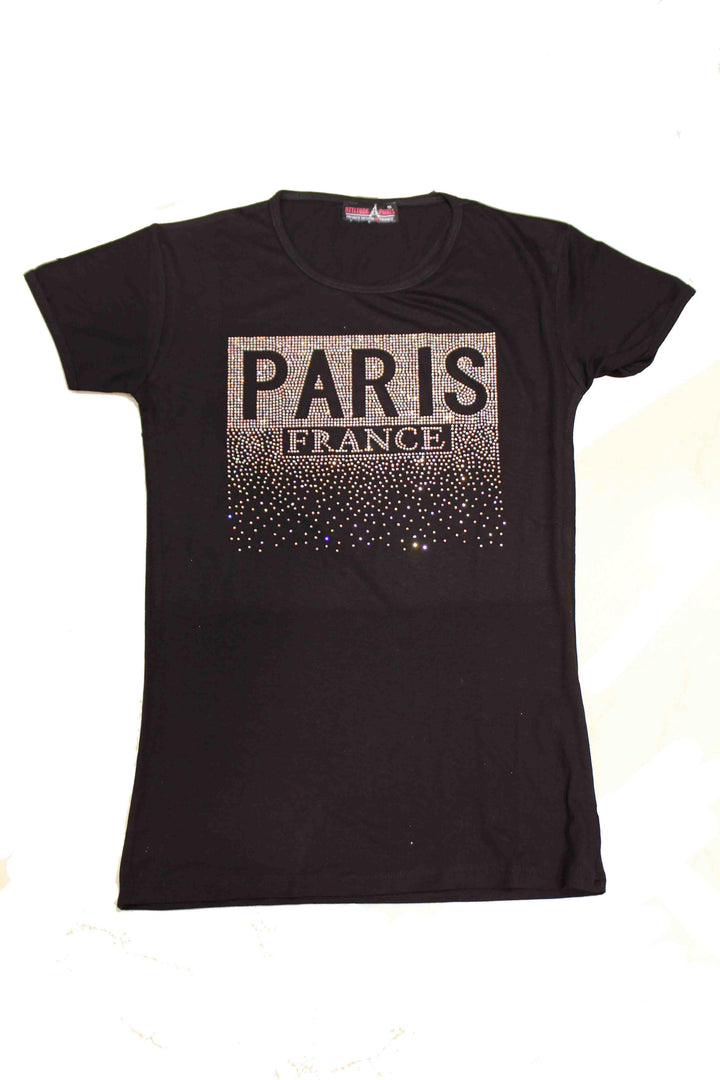 Tee-shirt avec strass, inscription "Paris France"