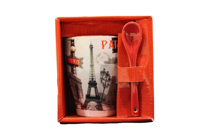 Mug 2 ch rouge Tour Eiffel Paris + cuillère