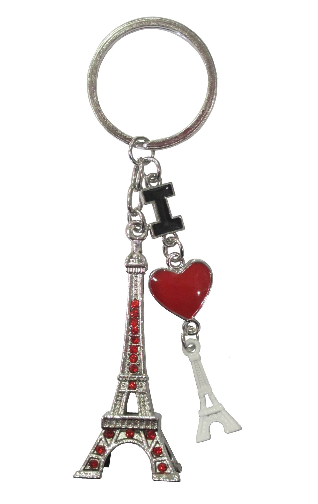 Porte-clés 'I Love Paris' avec une miniature de la tour Eiffel et une chaînette en forme de cœur, évoquant l'amour de Paris.