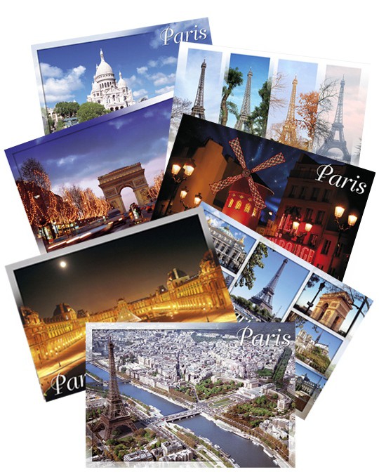 Pack de 10 cartes postales variées de Paris, montrant des monuments célèbres et des scènes pittoresques.