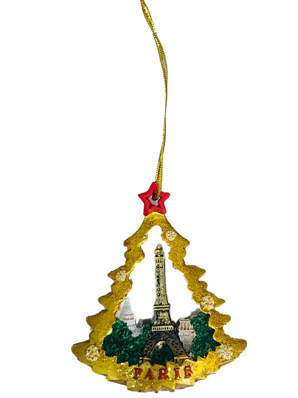 Ornement de Noël représentant la Tour Eiffel dorée sur un sapin, symbole festif de Paris. Souvenir Paris