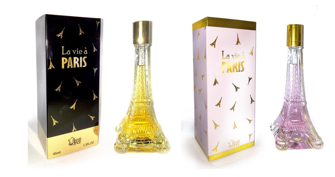 Bouteille de parfum élégante avec un design inspiré par la Tour Eiffel, symbolisant l'arôme de Paris.