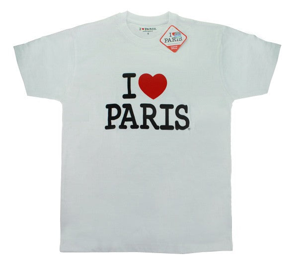 T-shirt Femme blanc avec l'inscription 'I Love Paris' en gros caractères, exprimant l'affection pour la ville. De 2 ans à XXL.