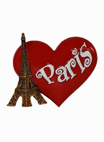 Magnet en forme de cœur rouge avec 'Paris' écrit dessus et une tour Eiffel en superposition marron-bronze.