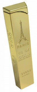 Briquet élégant en forme de lingot d'or avec gravure de la Tour Eiffel, symbolisant le luxe parisien.