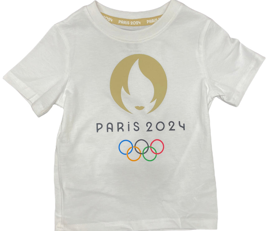 T-Shirt blanc avec le logo officiel des Jeux Olympiques Paris 2024, de 6ans à XXL.