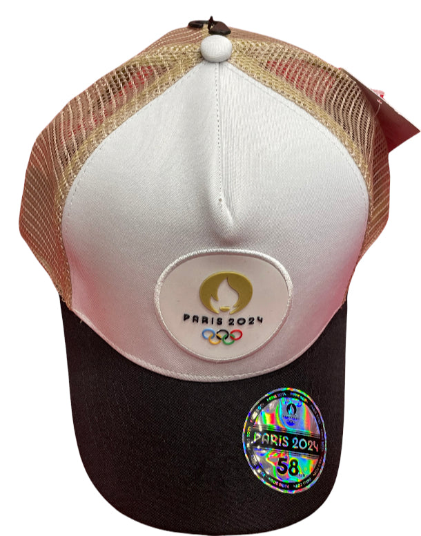 Casquette Paris 2024 en bleu, blanc, rouge avec le logo officiel, taille unique.