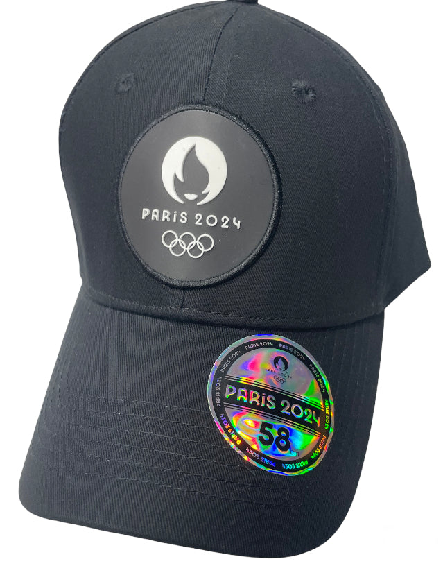 Casquette noire officielle des Jeux Olympiques Paris 2024 avec logo distinctif.