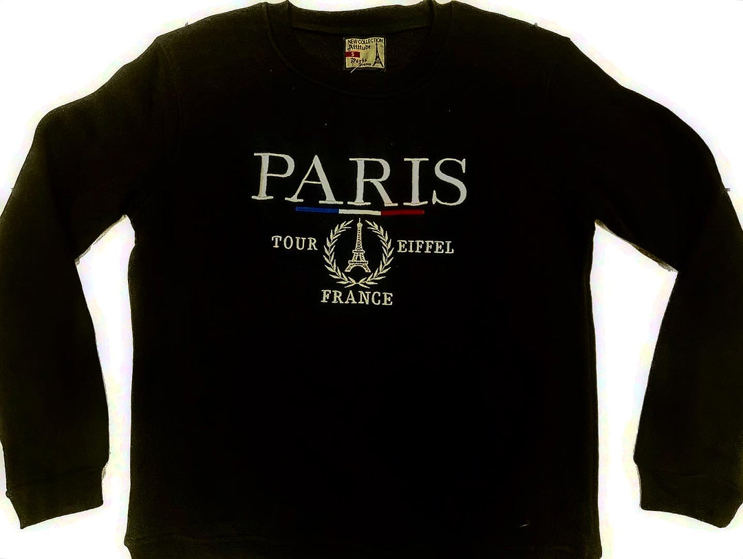Sweat élégant gris avec broderie de la Tour Eiffel et des couleurs du drapeau français.